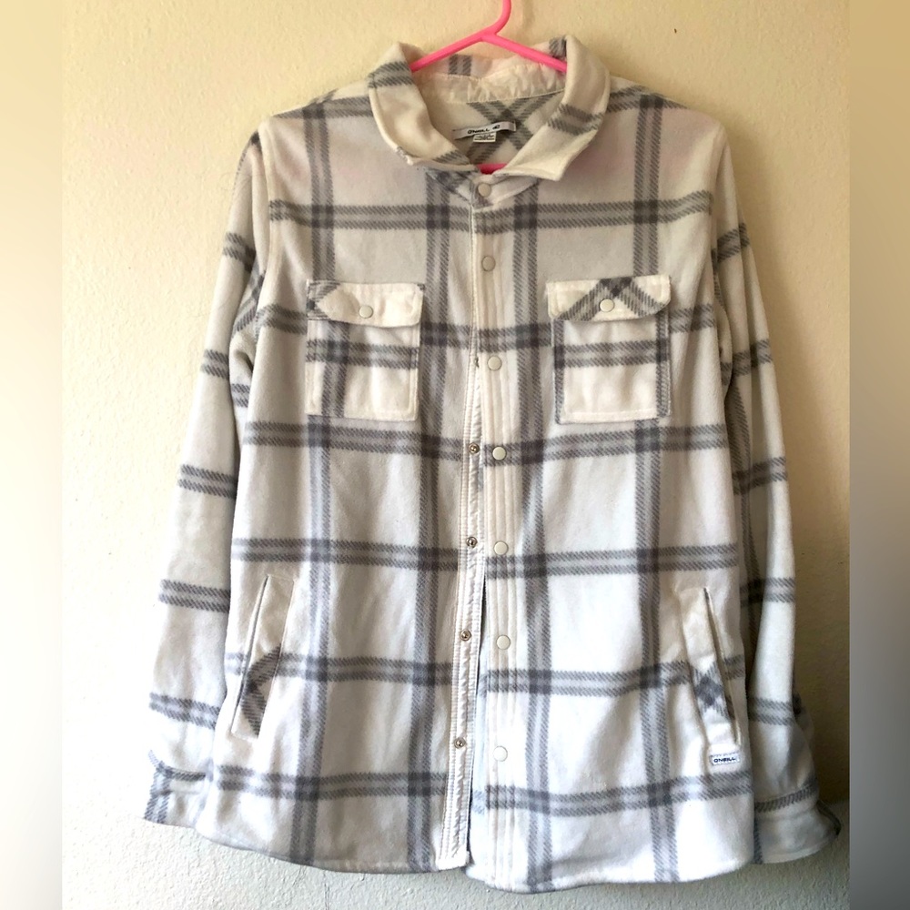 White with gray Flannel type of sweater